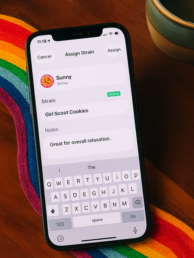 Strain ID app Assign Strain screen with keyboard open and notes being entered