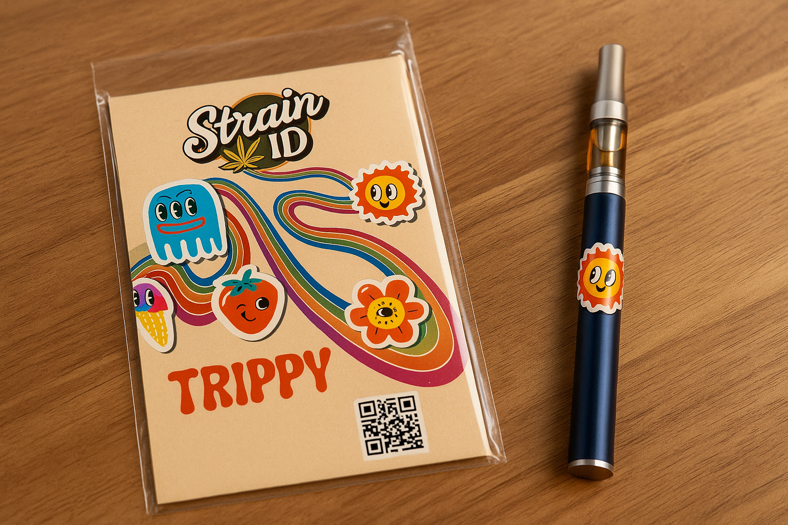 Strain ID Trippy sticker pack next to a vape pen with the Sunny sticker applied